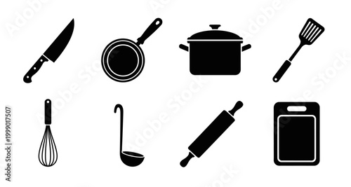 set of kitchen utensils icons on transparent background