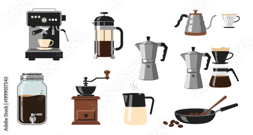 coffee brewing tools collection on transparent background