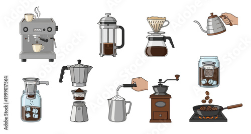 coffee brewing methods illustrated on transparent background