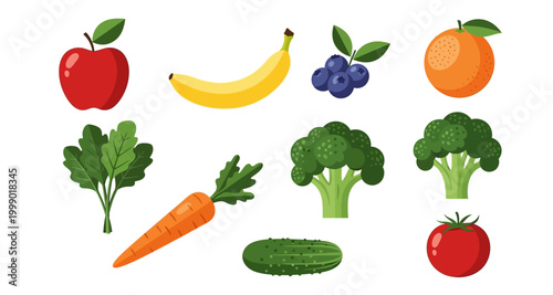 collection of fruits and vegetables icons on transparent background