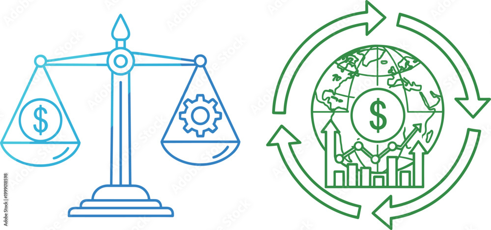 Naklejka premium Economic Balance and Sustainability Concept with Scales of Money and Circular Economy Symbols