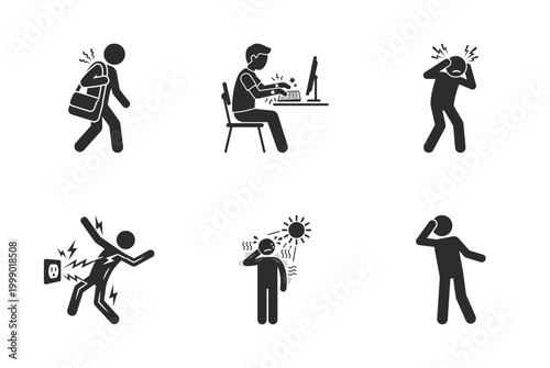 A collection of silhouettes depicting people experiencing electric shock from various sources such as outlets, laptops, and sunlight silhouette