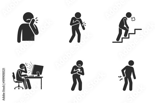 Set of black silhouettes depicting individuals experiencing various types of physical pain and discomfort silhouette