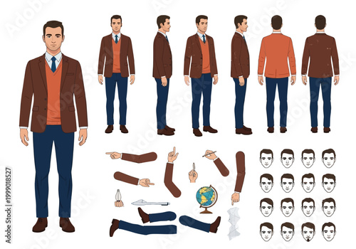 Businessman and Professor Character Construction Kit with Different Views, Facial Expressions, and Arm Poses for Animation and Design