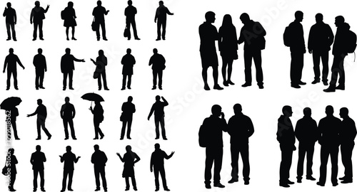 Large Collection of Casual People Silhouettes Carrying Bags and Using Umbrellas in Various Poses Isolated on White Background for Urban Lifestyle and Community Concepts