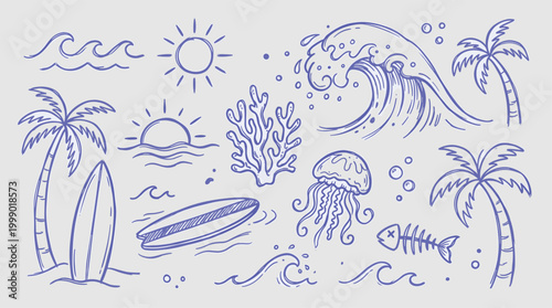 Summer vacation doodle set in a whimsical sketch style, ocean waves, palm trees, sun, surfboards, jellyfish, and coral