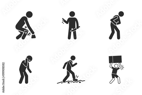 Six silhouetted figures demonstrate different types of accidents and injuries including tripping falling and electrocution silhouette