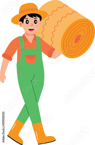 Farmer Carrying Hay Bale Harvest Agriculture Work Cartoon Vector Illustration
