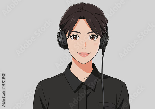 Professional female broadcaster wearing headphones and black shirt