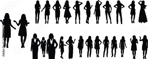 Large Collection of Professional and Casual Women Silhouettes Standing in Various Fashionable Poses and Business Attire Isolated on White Background for Diverse Corporate and Lifestyle Concepts
