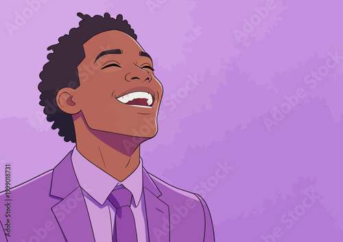 Joyful Young Black Man in Purple Suit Laughing Freely