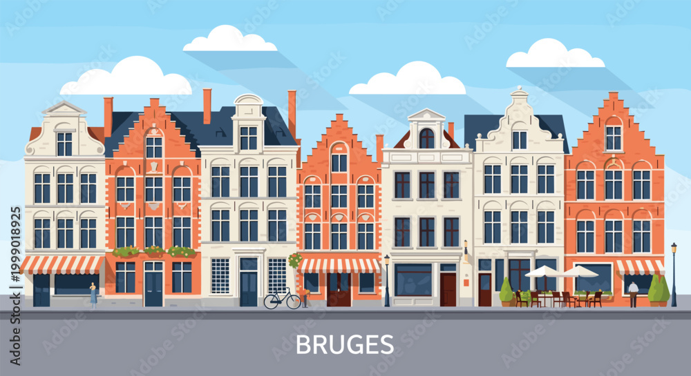 Naklejka premium Picturesque row of traditional Belgian architecture townhouses in Bruges set against a bright blue sky with clouds.