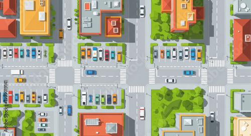 Aerial View of City Street with Buildings and Cars.