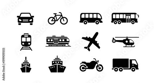 Collection of Transportation Icons Representing Different Modes of Travel.
