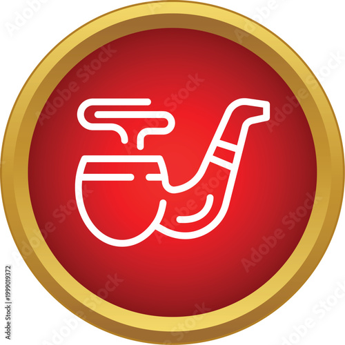 Smoking pipe outline icon with smoke in a red and gold circular frame