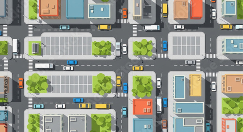 Aerial view of a busy city street with cars and buildings.