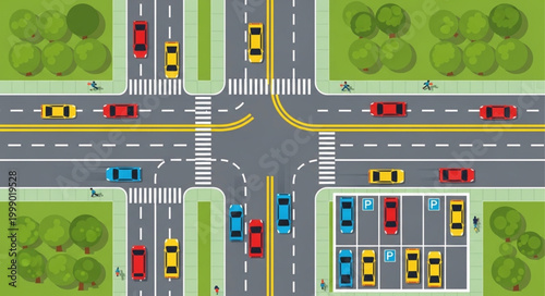 Busy City Intersection With Cars and Pedestrian Crosswalks.