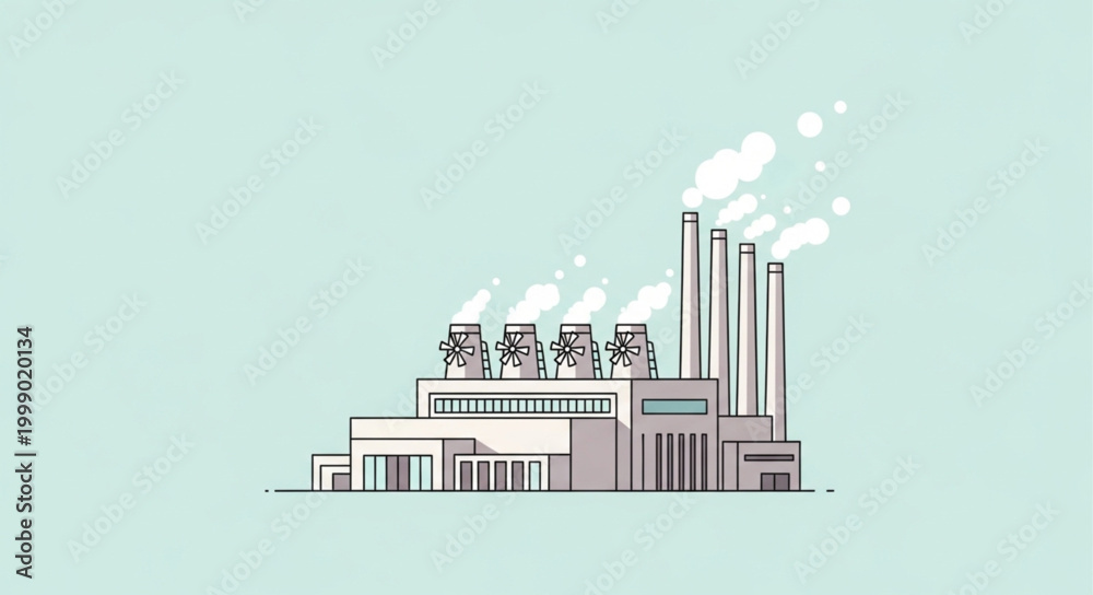 Fototapeta premium Industrial Factory Building with Smoke Stacks Emitting Smoke.