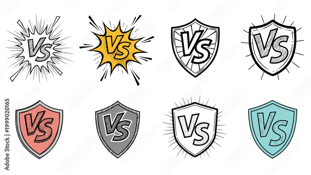 Obraz premium Collection of versus or VS icons featuring different shield shapes, colors, and explosive background effects for competitions.