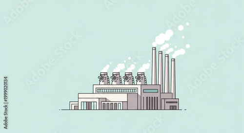 Industrial Factory Building with Smoke Stacks Emitting Smoke.