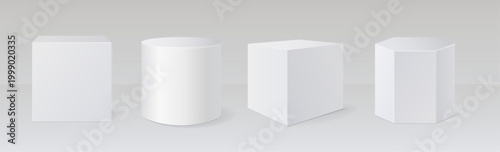White realistic 3d plinth, pedestals podium. Geometric stand empty museum stages. Gallery platform for exhibit displays or product presentation.