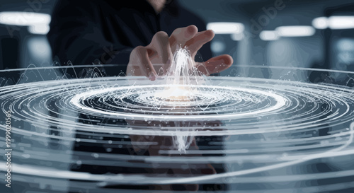 Hand interacting with a luminous digital interface, representing advanced data visualization and innovative human-computer interaction in a futuristic technological environment