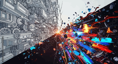 Abstract duality concept mechanical complexity meets explosive, colorful, dynamic energy creation