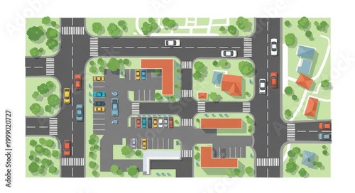 Aerial view of a busy city intersection with buildings and cars.