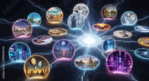 A vibrant portal of different worlds and timelines, showcasing diverse realities and possibilities