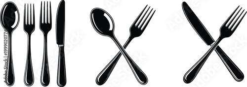 Cutlery utensil icons collection with spoon fork and knife silhouettes in simple restaurant vector illustration set