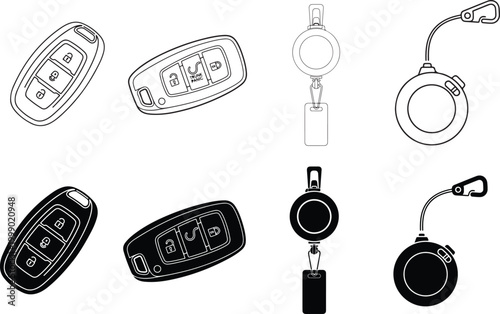 Collection of car key fobs and retractable badge holders with carabiners