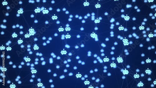 AI Chatbot Network Background with Glowing Blue Robot Avatars and Connected Nodes – Artificial Intelligence Communication Seamless Loop Animation