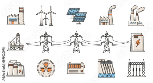 Energy production and distribution icons set.