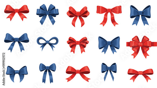 Set of decorative blue and red gift bows in different styles and shapes for packaging, holidays, and celebrations on a white background.
