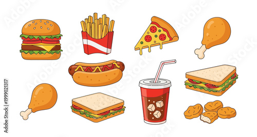 fast food icons collection on transparent background
