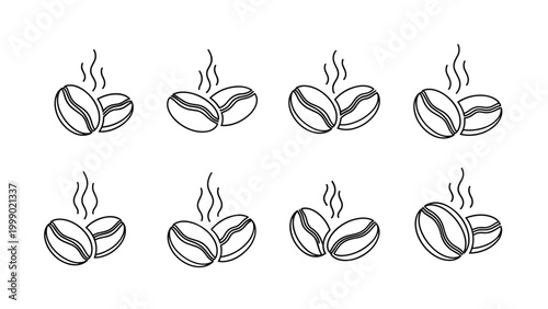 Row of eight simple linear icons showing pairs of coffee beans with rising steam lines for cafe and beverage branding.