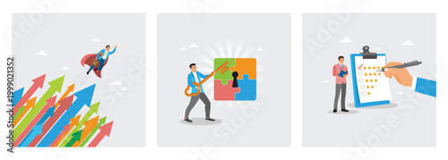 Businessman Superhero Soaring Beyond Arrows. Unlocking Four-Piece Puzzle. Providing star ratings.