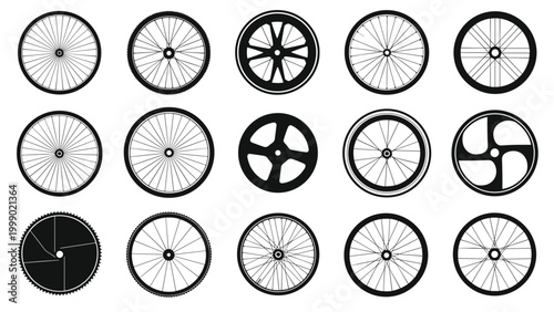 Set of fifteen different bicycle wheel and rim designs including spoked, solid, and aerodynamic variations in black and white.