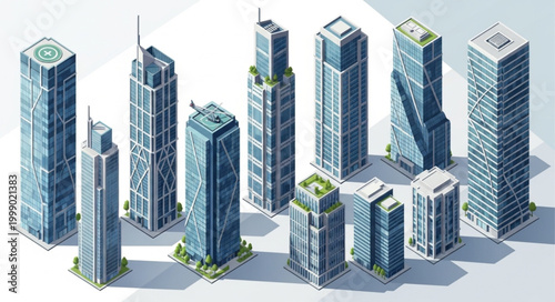 Collection of modern skyscrapers in a city skyline.