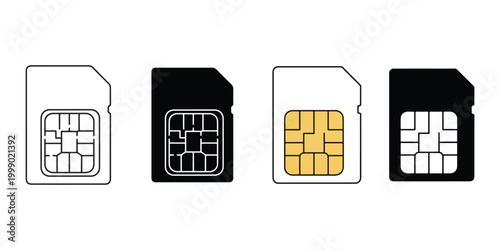 Collection of Four SIM Cards in Black and White with Golden Chip Isolated