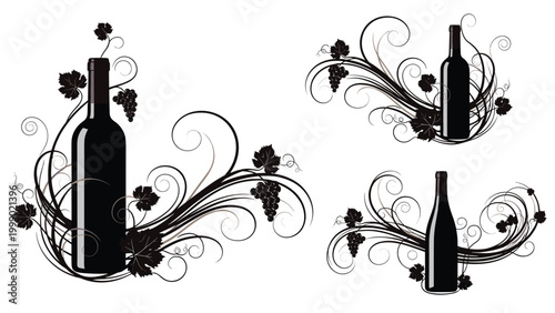 Artistic black and white designs featuring wine bottles integrated with elegant grape vine swirls and leaf clusters in three compositions.