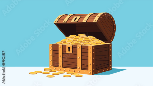 Open wooden treasure chest overflowing with a large pile of shiny golden coins on a clean blue and white minimalist background.
