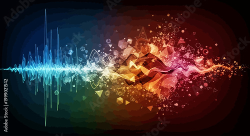 Abstract audio waveform visualized with vibrant energetic particles and geometric shapes in a spectrum of blues, oranges, and reds against a dark background