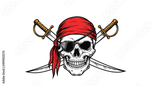 Classic pirate emblem featuring a skull wearing a red bandana and eye patch with two crossed scimitars on a clean white background.