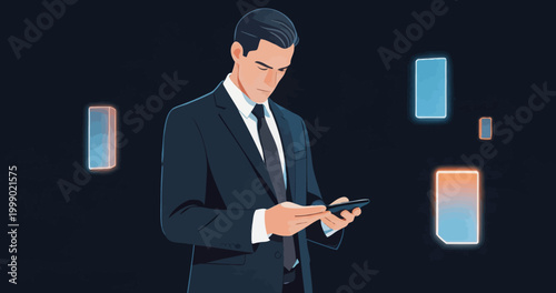 Businessman Using Mobile Digital Device With Floating Data Panels