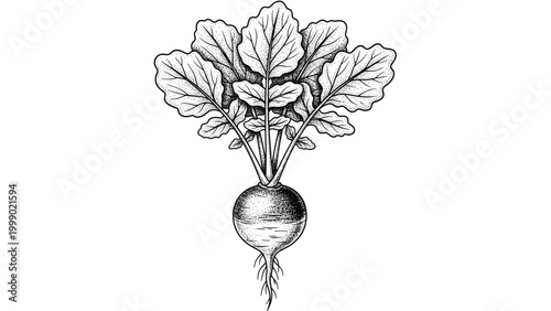 Detailed black and white stipple engraving of a radish plant with its root and a full cluster of textured leaves on white background.