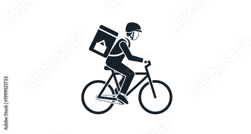delivery person riding bicycle with backpack on transparent background