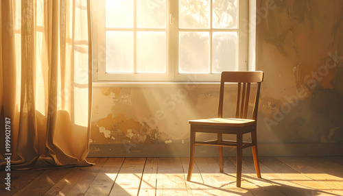 A lone wooden chair by a bright window with warm morning sunlight streaming through soft curtains.