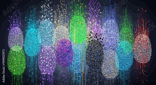 Abstract digital fingerprint patterns in various vibrant colors, representing identity and data security concepts