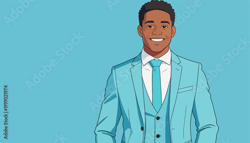 Smiling Black Young Man in Matching Turquoise Suit and Tie